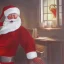 Placeholder: a painting of santa claus sitting next to a window during winter time with a candle lighten up on his desk