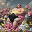 Placeholder: A fat man wearing a Balenciaga dress is sitting in a field of pink roses next to yellow plastic ducks and eating ice cream. 19th painiting