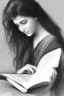 Placeholder: Pencil sketch of Young woman, Arab features,sad, long wavy hair, reading a book, full body، on lined paper