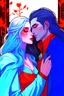 Placeholder: A couple from the dnd game curse of Strahd. The woman has long white hair and blue eyes, the man has LONG BLACK hair and red eyes, no facial hair. KISSING