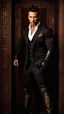 Placeholder: Jason David Frank Very muscular man with short hair and tribal tattoos piercings wearing a black suit , fantasy standing in a doorway