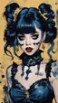 Placeholder: Poster in two gradually, a one side malevolent goth vampire girl face and other side the Singer Melanie Martinez face, full body, painting by Yoji Shinkawa, darkblue and gold tones,