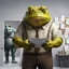 Placeholder: photo of a fat yellow-green color anthropomorphic frog in simple human cloths and take between his hands many paper in office, on the wall hang an wall board with some written sheets of paper, in background standing an anthropomorphic strong gray rhinoceros in blue jeans and in t-shirt behind in halb open door , dark colors, detailed 3d, sci-fi, fantasy mood