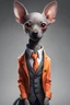 Placeholder: create an image of a hairless xoloitzcuintle puppy, wearing gray and orange suit, with a little bird of all colors perched on its back, black filter, ultra detailed and visually rich concept art illustration of cute complex creatures of living molecules of persona 5, bright and enchanting, illuminated fantasy kingdom, (((rule of thirds))) depth of field intricate details, fantastic kingdom, extremely detailed, ultra-sharp focus, light particles, attention to detail, grandeur and aw