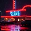 Placeholder: captivating high-resolution image of glowing neon diner sign reading "NIGHT CAFE," vibrant UV-reactive neon colors on a rainy night. The bright red neon track lighting wraps around the roof, creating a mesmerizing glow. Bustling parking lot is full. puddles reflecting the dazzling neon lights. HD, mind-bending artistic photography. rendered in stunning 8k resolution, Unreal Engine 5
