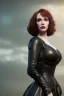 Placeholder: Christina Hendricks as evil queen in black leather gown, feminie, angry, stern look on her face, volouptous, busty, cleavage, emperious, mature unreal 5, octane render,cinema4d, dynamic lighting, dramatic lighting, 4k, redshift render, highly detailed, hyper realistic, in space