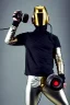 Placeholder: Metallic Cyber-punk style man with a camera-mask and old AKG-style headphones with golden. Large fencing mask covers man's cheeks. Man in good body shape. Reflective plastic body surface, golden skin, full-coverage. Body and Head full of integrated old-fashioned cameras and an old telephone. Silver to grey latex surfaces body. Perfect body. Equations, Euclidean 3D-tiling, Escher tiling. 1996. Cables in head. Daft Punk. Matrix leather jacket with a Hood.