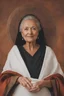 Placeholder: 60-year-old healer-wise woman wearing white robe, bald and caring for many people in beds like in a hospital