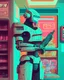 Placeholder: Robot with a old screen for a face with a gun, Vintage 90's anime style. stylish model posing in 7/11 convenience store., sci-fi. Colors, surreal.