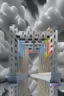 Placeholder: an idea is created of a bridge which has white clouds, in the style of futuristic digital art, grid formations, hall of mirrors, black and gray, photorealistic fantasies, multilayered dimensions, frontal perspective