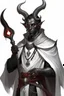 Placeholder: En Young male black skin black hair tiefling Wizard with large horns glowing Silver and White symbols Everywhere on his body. He's wearing silver and White Rope and a silver cloak. His horn a perfectly place on acet from the front to the back pointing upwards with glowing Red cat Eyes. His close is elegant get simple his horns Are Same size. En his other hand his casting A Spell