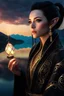 Placeholder: dark black eyes, female elf, dark high ponytail hair, detailed ornamental magical robe, glowing gem crackling with lightning implanted on robe, 8k, high detail, lake background, midnight, facing viewer