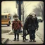 Placeholder: absurd, vintage photographic image, kindergartener along with an anthropomorphic quadrupedal pale Beksinski inspired disfigured crawling monster waiting hand in hand together on a curb waiting for the school bus, faded colors, nihilistic, post-humanist pessimism