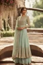 Placeholder: A powder blue anarkali suit with a high-low hem and a flowy silhouette.The bodice is heavily embroidered with intricate threadwork and sequins in a floral pattern.The dupatta is a sheer mint green with scalloped lace borders.