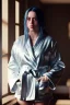 Placeholder: Billie Eilish, bathrobe, stockings, high detail, realistic, 8k, not to be distinguished from a photo, identical pupils