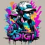 Placeholder: Vector t shirt art ready to print abstract color graffiti illustration of a cyberpunk boys and a basecap with text "Digi".On cap, white background.