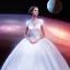 Placeholder: model shoot style, digital art zoomed out portrait of (Princess Leia) ((dressed in white and off white gown)), surrounded by a bulk of planets, ultra-detailed, ultra quality, ((official character art)), (dark fantasy), illustration, eerie atmosphere, 8k, cinematic lighting, bokeh