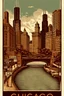 Placeholder: vintage-style woodcut illustration of Chicago's skyline featuring the Willis Tower (formerly Sears Tower) and other modern skyscrapers. The image has a sepia-toned color scheme with black and brown elements. In the foreground, a curved highway labeled "ROUTE 66" with vintage cars driving on it. Street signs reading "CHICAGO", "LAKESHORE DRIVE", and "MILLENNIUM PARK" are positioned in the upper portion. The illustration includes a bridge spanning across a body of water, with architectural details