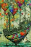Placeholder: Abstract mixed media kintsugi art in intricately detailed and textured Seth Apter, Ernst Haeckel, Peter Wileman and John Hoyland style: "Fishing flying mantarays, fisherboat carried by heart-shaped balloons, overgrown with foliage and dangling vines, in an enchanted, magical, misty caribbean seascape, with colourful Yayoi Kusama textures, rainbow bubbles, in the clouds." Contemporary Art, incorporating collage and graphic shapes, with figurative and enchanted, mystical elements. By Susanne.