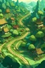 Placeholder: Eine wilde fantasy Dschungellandschaft mit gewundenen schmalen Wegen die in einem Dorf enden. Die Häuser bestehen aus geflochtenen Bäumen in der Mitte ist ein großer Platz mit einem Lagerfeuer.