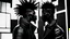 Placeholder: two Afro-American males facing each other in profile, confrontational stance, high-contrast black and white, deep shadows, bright rim lighting, dark studio background, punk spiked mohawk hairstyles, metallic reflective jackets, skin highlights, intricate chrome ear frames and jawline exoskeleton jewelry, biomechanical ear cuffs, sculptural contours, sharp silhouettes, cinematic low-key photography, cyberpunk aesthetic, symbolic duality, tension, dramatic