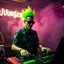 Placeholder: A DJ performing at dance club, his name DJ JüRGEN and looks crazy, crazy green hair with crazy outfit. Neon lights and smog, DJ JüRGEN SIGN ON WALL