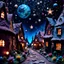 Placeholder: Detailed people, creepy street made of modeling clay, village, stars, galaxy and planets, sun, volumetric light flowers, naïve, Tim Burton, strong texture, extreme detail, Max Ernst, decal, rich moody colors, sparkles, Harry Potter, bokeh, odd