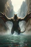 Placeholder: A giant creature with open arms with a Smokey texture standing in a water in front of a mythical cave in granite volcanic mountain . Busch painting style