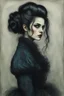 Placeholder: create a 3/4 profile, full body oil pastel of a dark haired, savage, ornately dressed, gothpunk vampire girl with highly detailed , sharply defined hair and facial features , in a foggy 19th century Moscow, in the style of JEAN-FRANCOIS MILLET