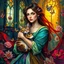 Placeholder: A vibrant, artistic portrait of a woman holding a cat, with rich, layered, and vivid colors. The woman is surrounded by flowing fabrics in bold hues, intricate floral patterns in the background, and dynamic brushstrokes that create a sense of movement. Add golden light filtering through stained-glass windows, delicate butterflies fluttering around, and abstract geometric shapes blending into the scene. The style is expressive, painterly, and immersive, evoking a sense of wonder and depth.