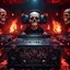 Placeholder: DJ of the damnded, insanely detailed DJ booth in hell, MID set, speakers and equipment made of bone, anatomically correct, add more skulls in th audience, photorealism, vray, 8k 3d