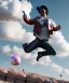 Placeholder: Ultra realistic speed clouds sky scene, wide angle view, strong men falling down with many Childs, circus clothing style, feather color clothing, free jumping flying, many trinkets, hair monster, many jelly beans, balls, color smoke, smile, happy, extreme, wind, clouds sea, 20,000 feet altitude, stratosphere, soft color, highly detailed, unreal engine 5, ray tracing, RTX, lumen lighting, ultra detail, volumetric lighting, 3d, finely drawn, high definition, high resolution.