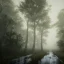 Placeholder: long road in the middle of the forest, with fog, cloudy day with rain, old church