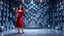 Placeholder: a pretty stage made of metallic blue-gray teme 3d recursive cubic and sphere base structures and a beautiful fashion model lady dancing with joy and cute ,with dark red top and pretty pleated midi skirt ,makeup curvy long hair,dynamic camera zoom to full body and pan, dynamic lights.