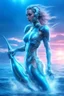 Placeholder: a female cyborg, cyberpunk, underwater, riding a mechanical dolphin, she is a warrior of the sea with a silver trident in hand, her eyes glow with data scrolling in them, beautiful sea life swims around her as she scans for danger, vivid colors, unseen light shimmers, imaginative overlays, artistic fusion, masterpiece, high quality, 8k, photorealistic detail,