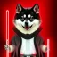 Placeholder: darth shiba inu sith lord with signel red light saber glowing