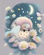 Placeholder: Cute fuzzy bee monster sleeping in flowers, butterfly wings and snail ears. Holding moon in a hand. Soft pastel colours. In empty space with dots and flowers. Portrait white