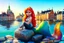 Placeholder: A beautiful and cute contented little mermaid sits on a rock in Copenhagen, in the water, her fins metallically shimmering and covered with precious colorful gems, with the buildings of Copenhagen in the background in the sunlight