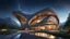 Placeholder: inspiring interwoven concrete ultra-modern slender building based on lightweight parabola shapes, sine curves and helix shapes, featuring large windows, rural location, night, moonlight, fireflies, distant mountains, lake, astonishing architecture, beautiful, wow, extremely detailed, photographic quality, beautiful composition, Ultra Realism, Complex intricate Details, 16k, HDR, High Quality, Sharp Focus, Studio Photo, attractive, innovative