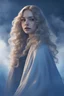 Placeholder: close up a woman with soft lush curly warm white long hair, model pose, in a cloak is standing in a cloud of blue smoke, in the style of pop colorism, portraits with backlight, woven, perforated, sharp focus, minimal retouching, navy blue and golden accents, depth of field, unreal engine, perfect composition, digital art on pixiv, artstation, 8k, hdr