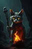 Placeholder: neanderthal cyberpunk cat with club and cave fire in the style of fallout 4