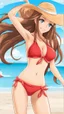 Placeholder: Attractive Anime Woman With Very Long brown Hair, Bikini, Full Body In Frame, Beach, Red Cheeks, Skinny, Looking At Camera, Smiling