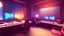 Placeholder: Dimly lit gaming room, with a single desk with a gaming PC, two monitors on the desk, gaming chair, bed in the background, the room is filled with neonlights, night time, atmospheric, detailed.