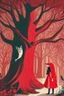 Placeholder: in a cosy vintage style, red riding hood marvels at a red tree while the big bad wolf lurks