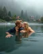 Placeholder: Portrait Romantic European blond couple swimming kissing together in lake Wonderful landscape fantasy early morning heavy fog photography art Rivendell village,lake,magical forest and houses,beautiful mushrooms,roses flowers,little waterfall,lake,close up photo beautiful romance couples on swimming together in lake