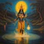 Placeholder: An oil painting of goddess Kali crossing a lake, neon gold colors