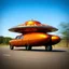 Placeholder: award winning photograph of a steampunk house-fly ufo genetic-splice designed by only one vehicle per image painted metallic orange traveling at a high rate of speed, jet intake off of front center of vehicle and jet exhaust out the rear bilaterally symetrical, more a high speed road vehicle