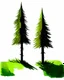 Placeholder: 2 isolated spruce/pine trees with ground shadow, stylized graphic with watercolor