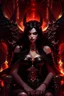 Placeholder: pretty woman, no faced, shadows on face, good body, big bubs, skin red , red body, black goat horns, black bat wings, long black haired, devil appearance, satan, belsebuth, asmodeus, pethagram, diabolic scars, black old armor, golden necklace cross, cape, throne, hell fire, darkness background.