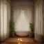 Placeholder: a gorgeous, stunning spa with gauzy curtains, beautiful, ornate bath, dark wood floor, plants, candles, flowers, tranquil, 8k resolution, high-quality, fine-detail, digital art, detailed matte, volumetric lighting, illustration, 3D octane render, brian froud, howard lyon, selina french, annie stokes, lisa parker, greg rutowski,